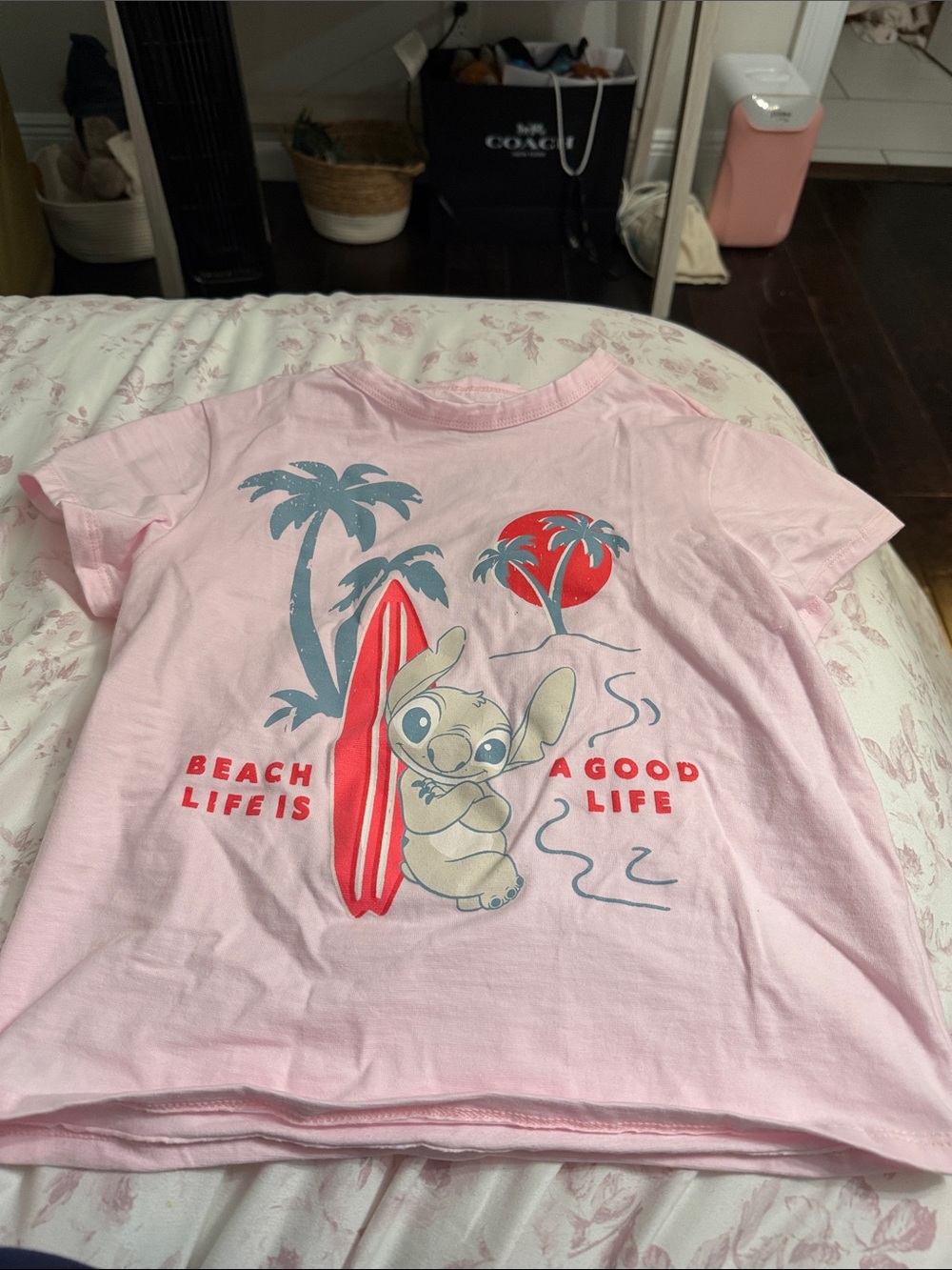 Amazon Kids Pink Tee with Stitch Surf Graphic